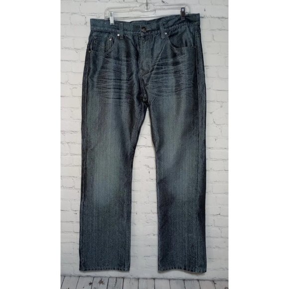 SACRED CULT Men’s Jeans Sz 34x32 Whiskered Embroidered Metallic Straight Leg VGC - Picture 1 of 8